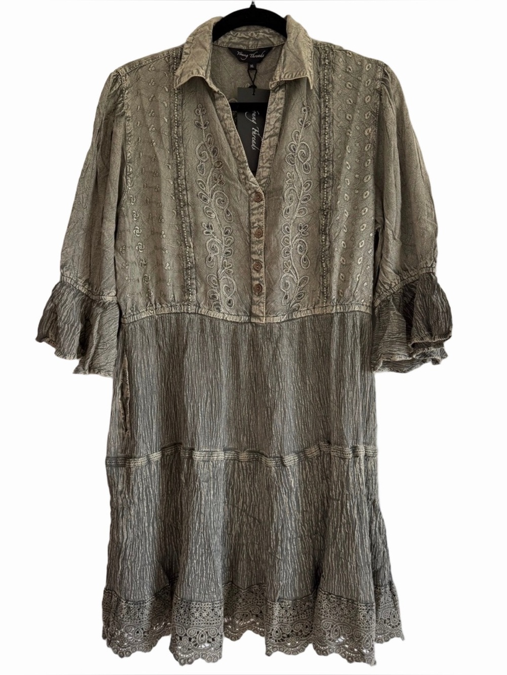 Young Threads Embroidered Olive Green Tunic Dress - Picture 2 of 9